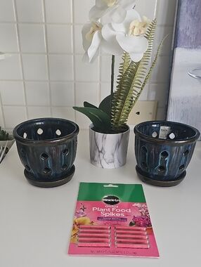 Glazed Ceramic Orchid Pots Bundle Of 2 With Holes 5"x 5" Plus Miracle Grow Spike